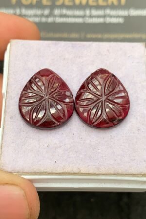 Natural Garnet Gemstone Hand Carved Pear Shape Cabochon High Quality Loose Gemstones For Jewelry Making 15x17 MM Size 1 Pair SM24620