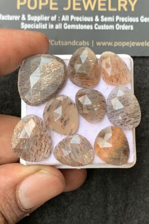 Natural Sun Stone & Moon Stone Gemstone Rose Cut Fancy Cabochon Shape High Quality Loose Gemstones For Jewelry Making 13-20 MM Size 9 Pcs V3130