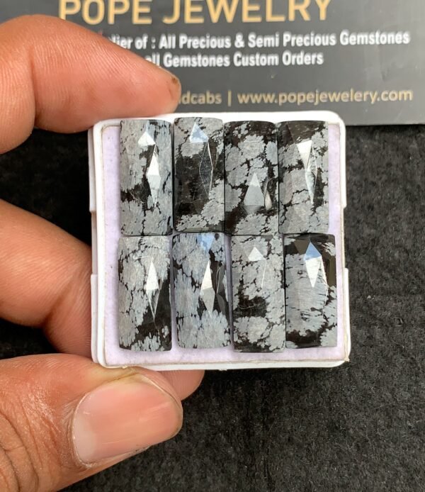 Natural Snow Black Obsidian Gemstone Rose Cut Rectangle Shape Cabochon Shape High Quality Loose Gemstones For Jewelry Making 18x8 MM Size 8 Pcs V3188