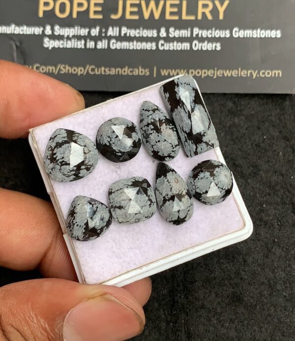Natural Snow Black Obsidian Gemstone Rose Cut Mix Shape Cabochon Shape High Quality Loose Gemstones For Jewelry Making 10-18 MM Size 8 Pcs V3191 - Image 2