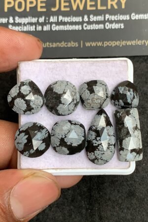 Natural Snow Black Obsidian Gemstone Rose Cut Mix Shape Cabochon Shape High Quality Loose Gemstones For Jewelry Making 10-19 MM Size 8 Pcs V3192