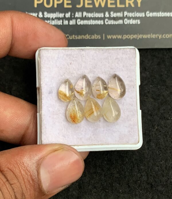 Natural Golden Rutile Gemstone Smooth Pear Shape Cabochon High Quality Loose Gemstones For Jewelry Making 9-10 MM Size 7 Pcs V3257
