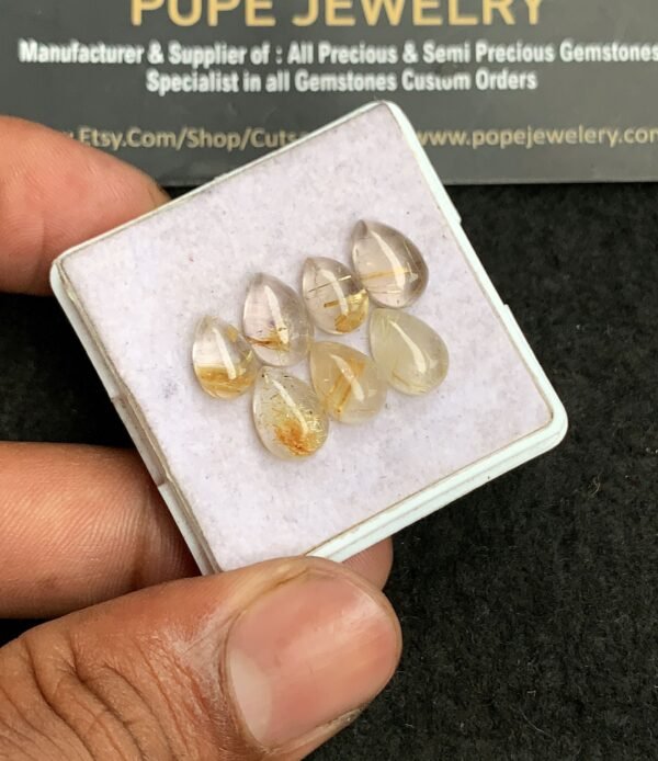 Natural Golden Rutile Gemstone Smooth Pear Shape Cabochon High Quality Loose Gemstones For Jewelry Making 9-10 MM Size 7 Pcs V3257 - Image 2