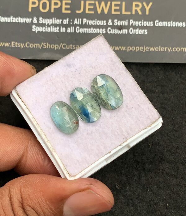 Natural Aqua Kyanite Gemstone Rose Cut Oval Shape Cabochon High Quality Loose Gemstones For Jewelry Making 12-14 MM Size 3 Pcs V3283 - Image 2