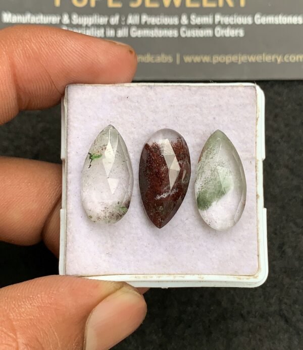 Natural Herkimer Lodolite Gemstone Rose Cut Pear Shape Cabochon Shape High Quality Loose Gemstones For Jewelry Making 19-20 MM Size 3 Pcs V3306