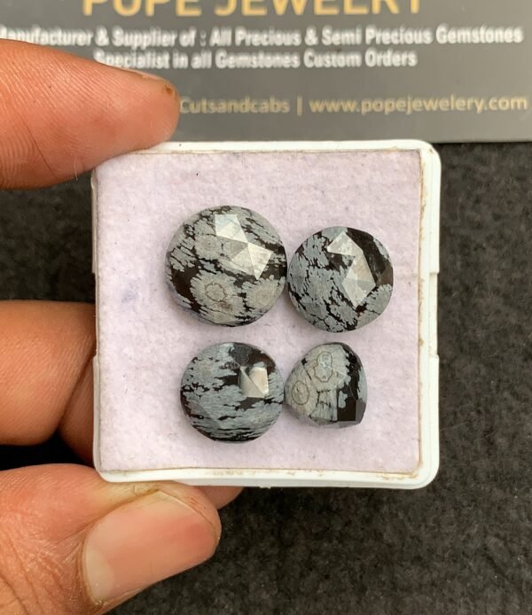 Natural Snow black Obsidian Gemstone Rose Cut Mix Shape Cabochon Shape High Quality Loose Gemstones For Jewelry Making 10-14 MM Size 4 Pcs V3309