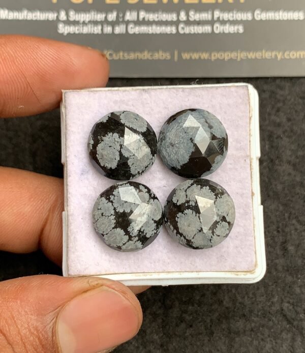 Natural Snow black Obsidian Gemstone Rose Cut Round Shape Cabochon Shape High Quality Loose Gemstones For Jewelry Making 14 MM Size 4 Pcs V3310