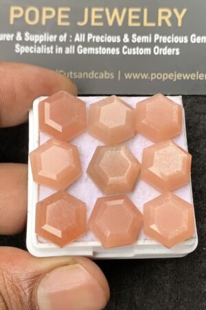 Natural Peach Moonstone Gemstone Step Cut Hexagon Shape Cabochon High Quality Loose Gemstones For Jewelry Making 12 MM Size 9 Pcs V3050