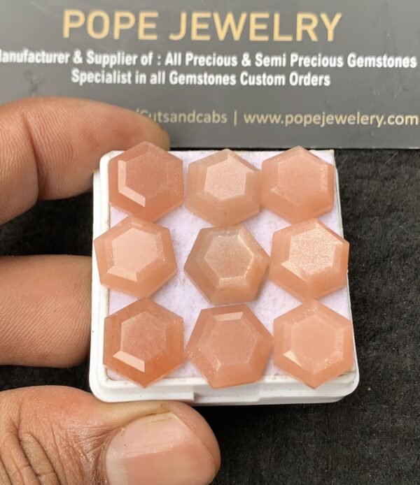 Natural Peach Moonstone Gemstone Step Cut Hexagon Shape Cabochon High Quality Loose Gemstones For Jewelry Making 12 MM Size 9 Pcs V3050