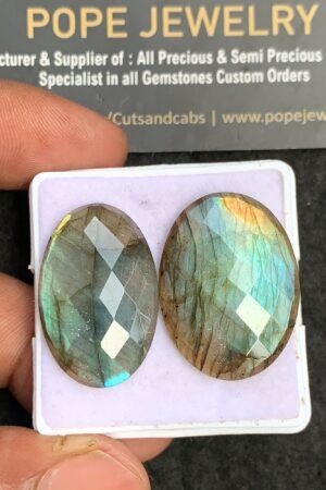 Natural Labradorite Gemstone Checker Cut Oval Shape Cabochon High Quality Loose Gemstones For Jewelry Making 27-28 MM Size 2 Pcs V3694