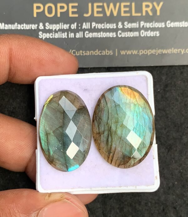 Natural Labradorite Gemstone Checker Cut Oval Shape Cabochon High Quality Loose Gemstones For Jewelry Making 27-28 MM Size 2 Pcs V3694