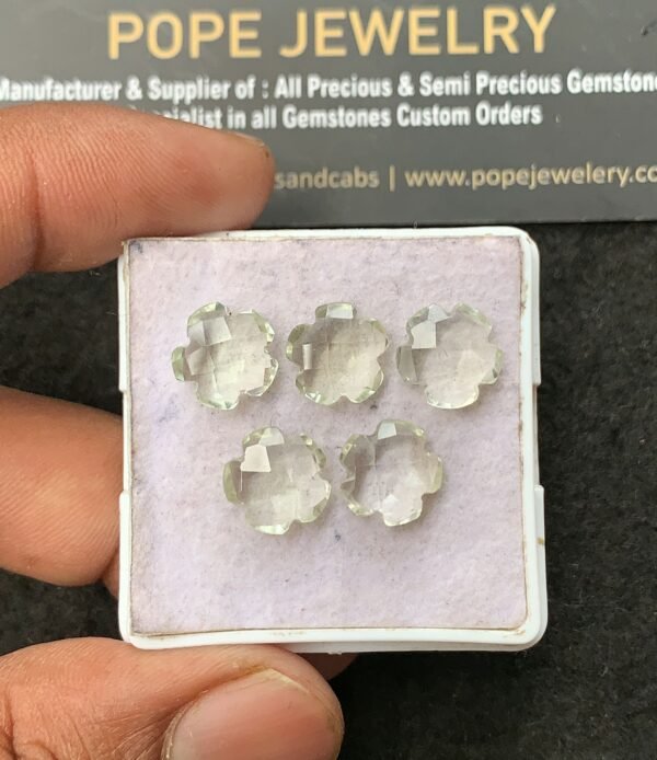 Natural Green Amethyst Gemstone Checker Cut Flower Shape Cabochon High Quality Loose Gemstones For Jewelry Making 10 MM Size 5 Pcs V3405