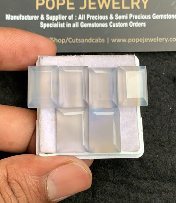 Natural Pale Blue Chalcedony Gemstone Step Cut Rectangle Shape Cabochon High Quality Loose Gemstones For Jewelry Making 16-17 MM Size 3 Pair V3452