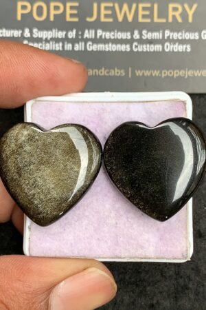 Natural Golden Obsidian Gemstone Smooth Heart Shape Cabochon High Quality Loose Gemstones For Jewelry Making 24-25 MM Size 2 Pcs V3551