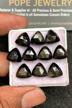 Natural Golden Obsidian Gemstone Rose Cut Trillion Shape Cabochon High Quality Loose Gemstones For Jewelry Making 10 MM Size 10 Pcs V3563