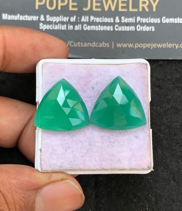 Natural Green Onyx Gemstone Rose Cut Trillion Shape Cabochon High Quality Loose Gemstones For Jewelry Making 19 MM Size 1 Pair V3589