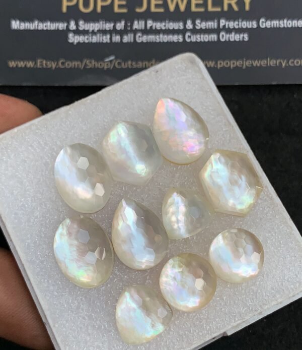 Natural Mother Of Pearl Gemstone Honey Comb Cut Mix Shape Cabochon High Quality Loose Gemstone For Jewelry Making Wholesalegems 12-16 MM Size 5 Pair V2648 - Image 2
