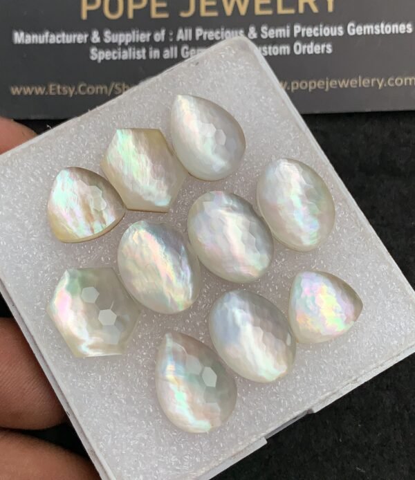 Natural Mother Of Pearl Gemstone Honey Comb Cut Mix Shape Cabochon High Quality Loose Gemstone For Jewelry Making Wholesalegems 12-16 MM Size 5 Pair V2649 - Image 2