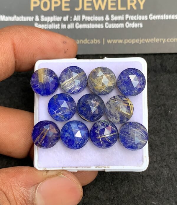 Natural Lapis & Golden Rutile Doublet Gemstone Rose Cut Round Shape Cabochon High Quality Loose Gemstones For Jewelry Making 10 MM Size 11 Pcs V3656