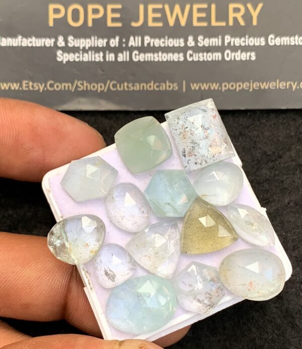 Natural Aquamarine Gemstone Rose Cut Mix Shape Cabochon High Quality Loose Gemstones For Jewelry Making 9-15 MM Size 14 Pc V3680 - Image 2