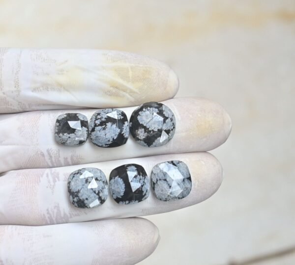 Natural Snow Flack Obsidian Gemstone Rose Cut Cushion Shape Cabochon High Quality Loose Gemstones For Jewelry Making 10-14 MM Size 6 Pcs V4120