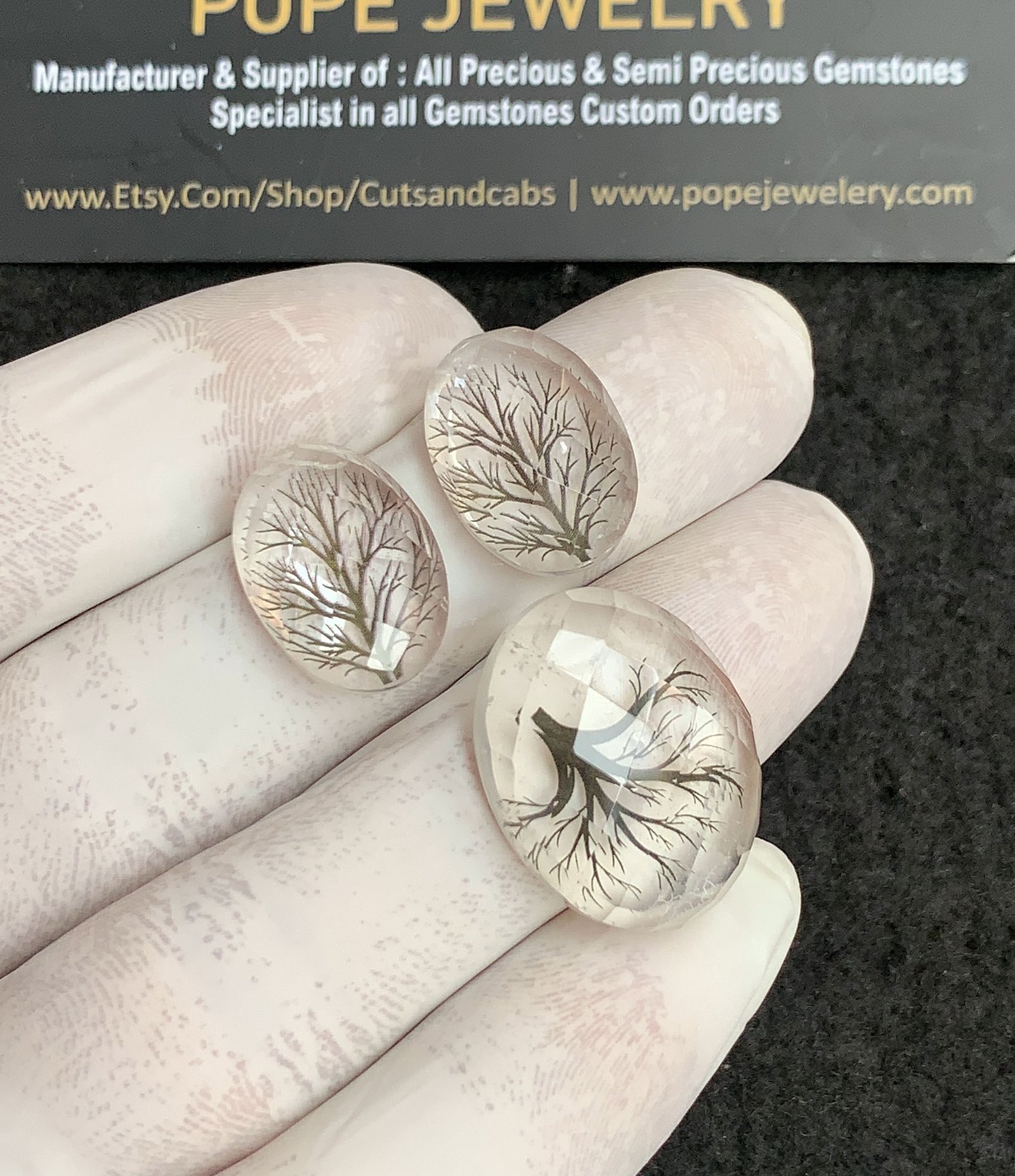 Natural Himalayan Rock Crystal Doublet With Tree Effect Gemstone Rose Cut Oval Shape Cabochon High Quality Loose Gemstones For Jewelry Making 17-23 MM Size 3 Pcs V4321 - Image 2