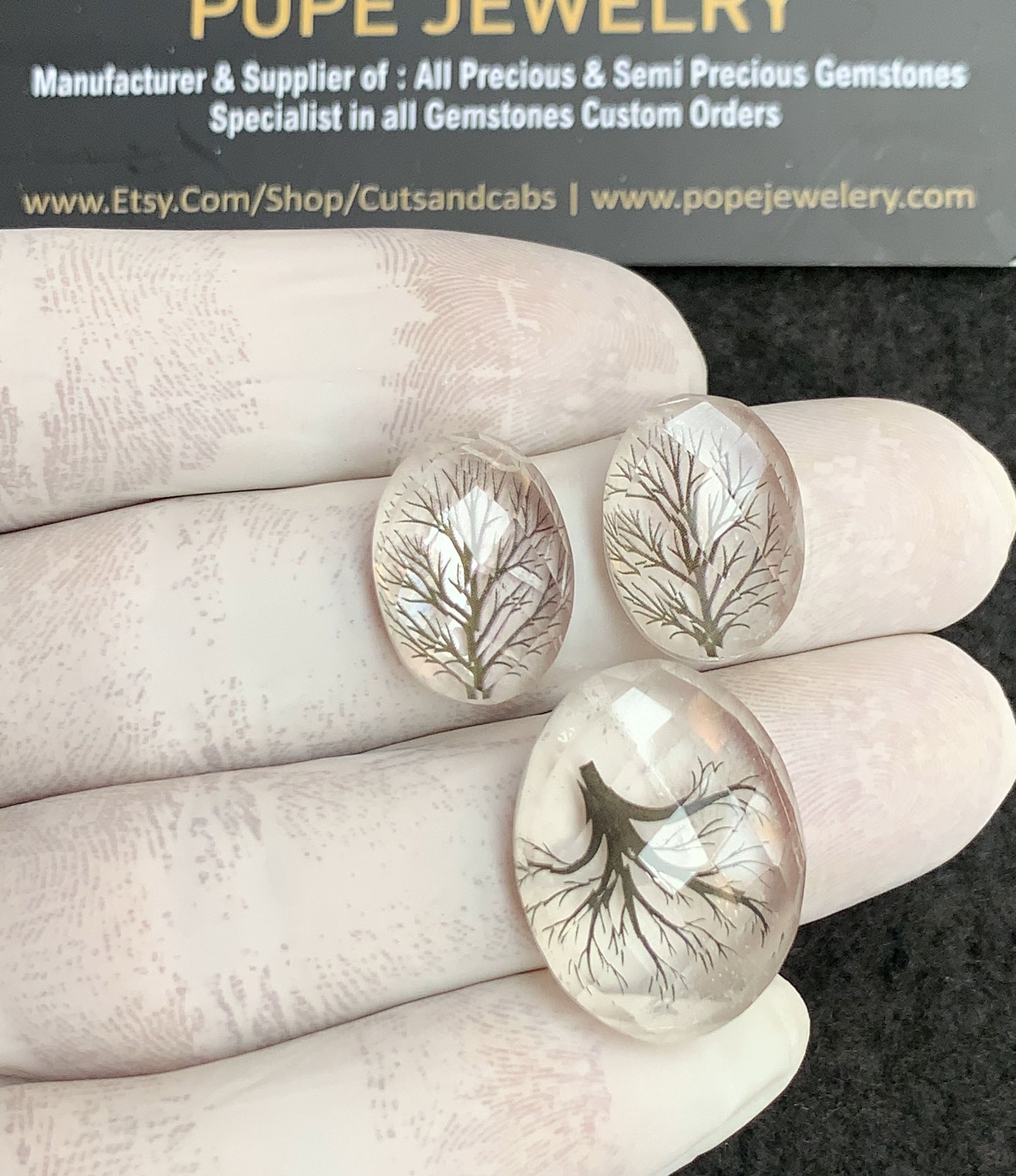 Natural Himalayan Rock Crystal Doublet With Tree Effect Gemstone Rose Cut Oval Shape Cabochon High Quality Loose Gemstones For Jewelry Making 17-23 MM Size 3 Pcs V4321