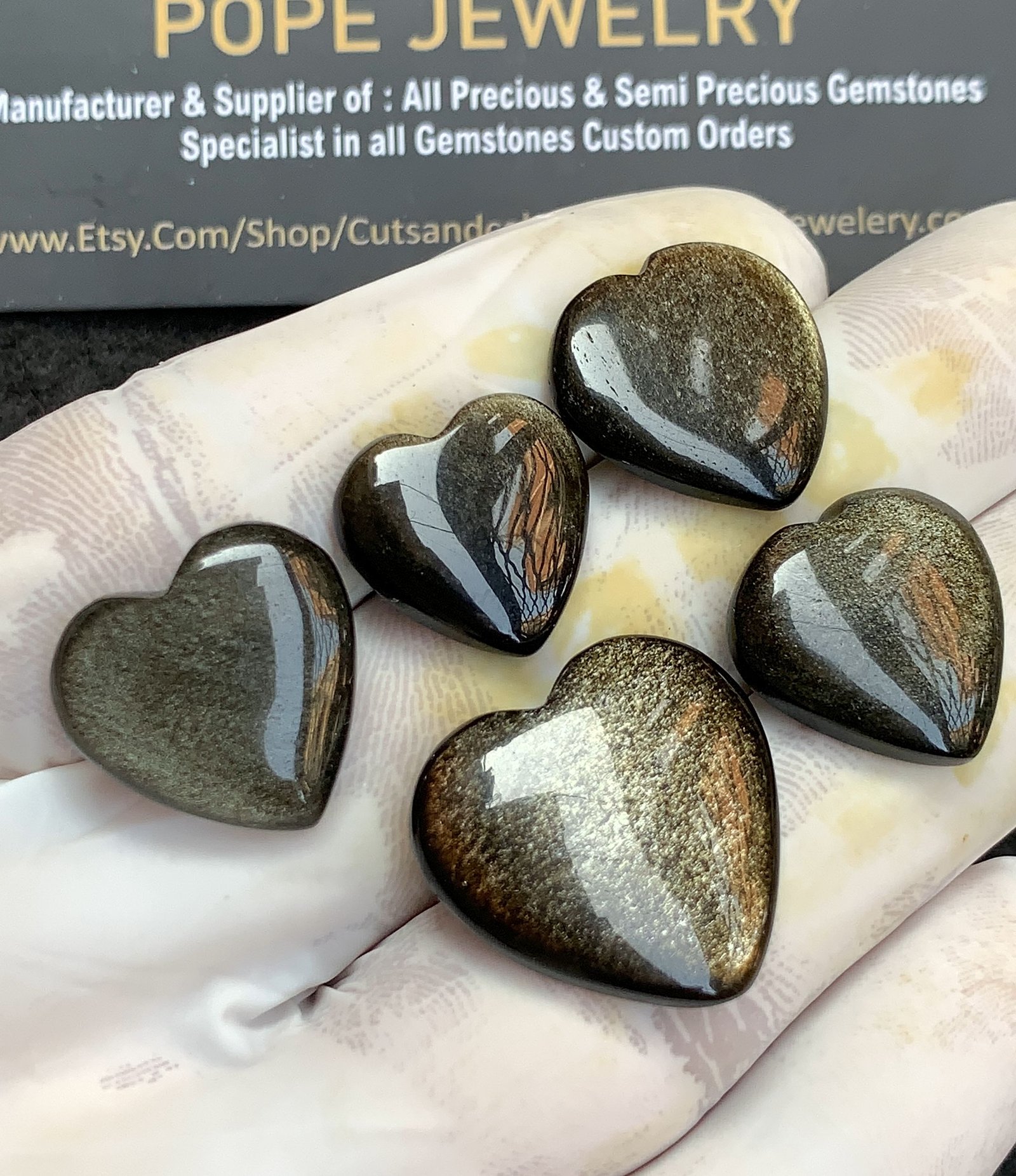 Natural Golden Obsidian Gemstone Smooth Heart Shape Cabochon High Quality Loose Gemstones For Jewelry Making 16-22 MM Size 5 Pcs V4372 - Image 2