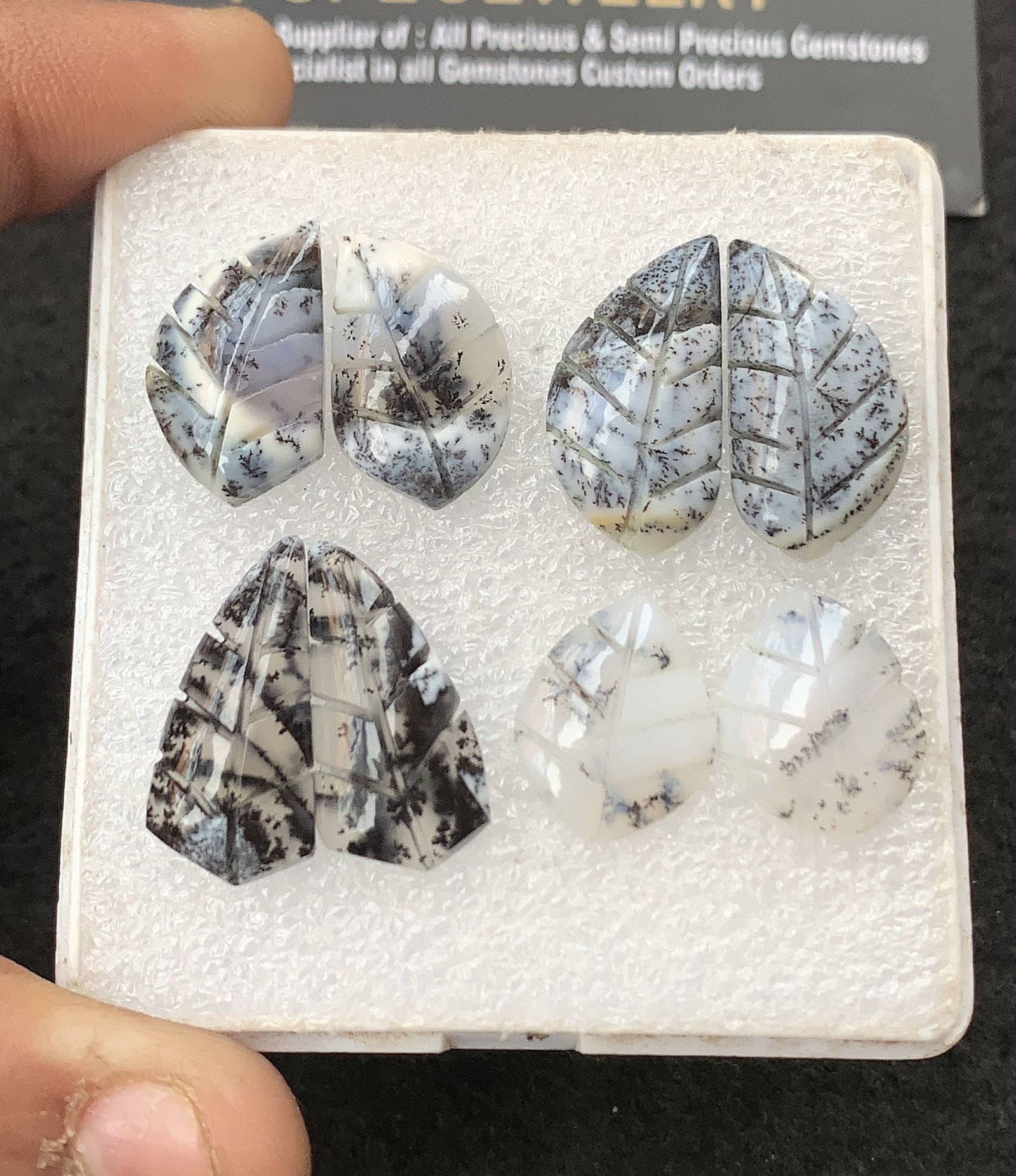 Natural Dendrite Agate Gemstone Hand Carved Leaf Shape Cabochon High Quality Loose Gemstones For Jewelry Making 12-23 MM Size 4 Pair V4316