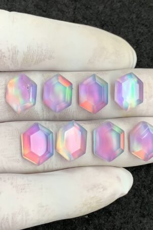 Aurora Opal & Natural Himalayan Rock Crystal Doublet Gemstone Step Cut Hexagon Shape Cabochon High Quality Loose Gemstones For Jewelry Making 13-14 MM Size 8 Pcs V4459