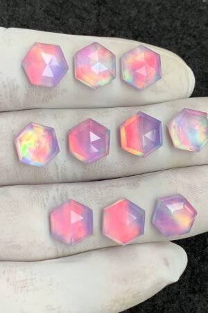 Aurora Opal & Natural Himalayan Rock Crystal Doublet Gemstone Step Cut Hexagon Shape Cabochon High Quality Loose Gemstones For Jewelry Making 10 MM Size 10 Pcs V4460