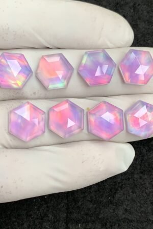 Aurora Opal & Natural Himalayan Rock Crystal Doublet Gemstone Step Cut Hexagon Shape Cabochon High Quality Loose Gemstones For Jewelry Making 12 MM Size 8 Pcs V4461