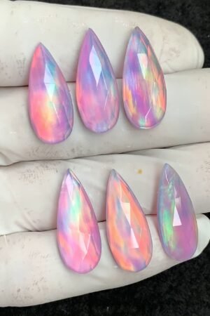 Aurora Opal & Natural Himalayan Rock Crystal Doublet Gemstone Rose Cut Pear Shape Cabochon High Quality Loose Gemstones For Jewelry Making 24-25 MM Size 6 Pcs V4462