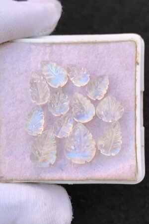Natural Rainbow Moonstone Gemstone Hand Carved Leaf Shape Cabochon High Quality Loose Gemstones For Jewelry Making 7-11 MM Size 12 Pcs V4516